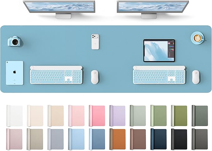 YSAGi Leather Desk Protector, Office Mat, Large Mouse Mat, Non-Slip PU Leather Blotter, Laptop Desk Mat, Waterproof Writing Pad for Office and Home(Sea Blue, 63" x 17.2")
