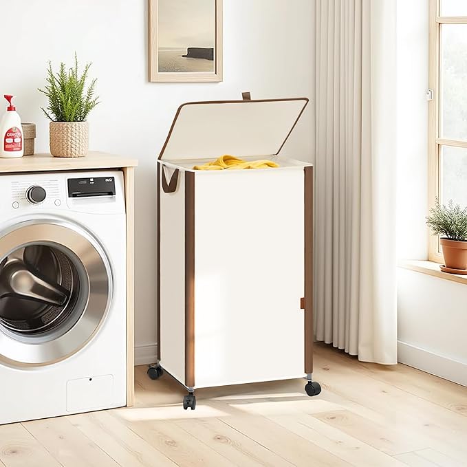 STORAGE MANIAC Rolling Laundry Hamper with Lid, 23.7 Gal (90 L) Large Tall Laundry Basket with Wheels & Handles, Aesthetic Dirty Clothes Hamper for Small Space, Dorm, Apartment, College, Beige