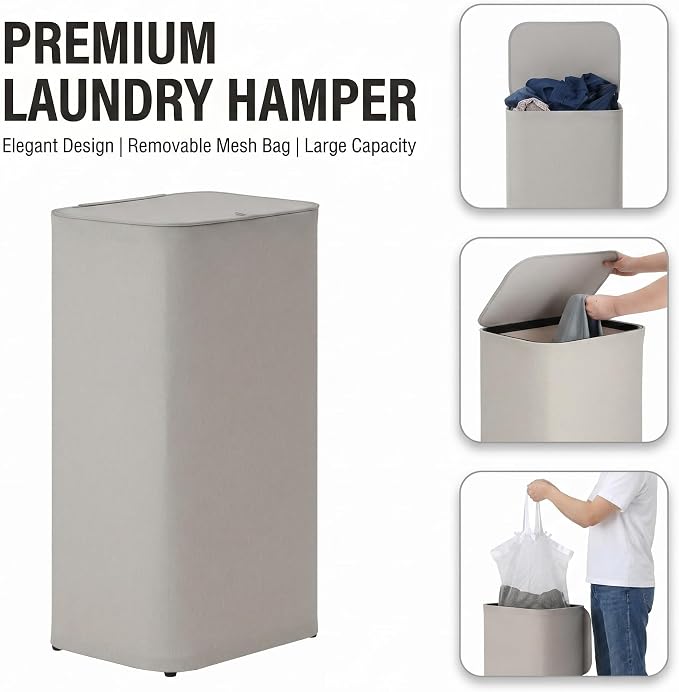 DOKEHOM 100L Laundry Hamper with Lid, Large Collapsible Laundry Basket with Removable Mesh Liner Bag, Collapsible Clothes Sorter for Bedroom, Bathroom, College Dorm, Light Grey