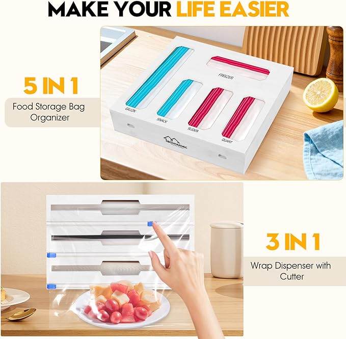 9 in 1 Foil and Plastic Wrap Dispenser with Cutter, White Bamboo Ziplock Bag Organizer for Drawer - Holds Gallon, Quart Bags & Aluminum Foil/Wax Paper, Wall Mountable Kitchen Storage