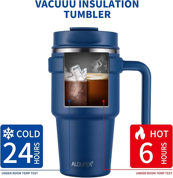 20 oz Insulated Coffee Mug Tumbler with Handle, Stainless Steel Travel Mug Tumbler with Lid and Straw,Double Wall Vacuum Leak Proof Ice Coffee Thermal Cup, Navy