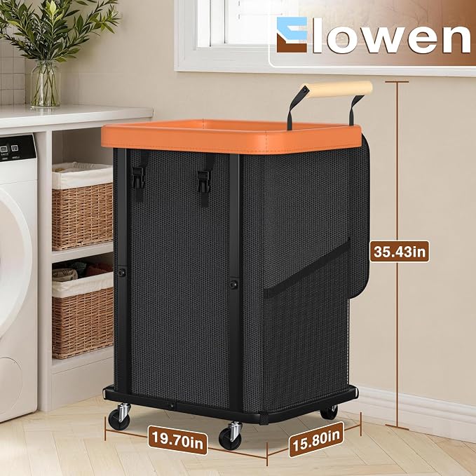 40 Gal (150L) Laundry Hamper with Lid, Leather Patchwork Laundry Basket with Rolling Lockable Wheels and Handle, Laundry Basket Organizer for Laundry Room, Bedroom and Bathroom,Laundry Room - Black