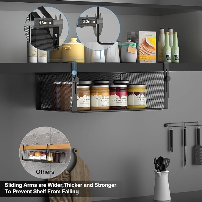 AmonHouseware 2Pack Under Shelf Basket Organizer,Adjustable Hanging Holder for Cabinet Pantry Kitchen Cupboard Desk Counter Bookshelf Organization Add-on Space Saver Heavy Duty Slide-in (Black, Large)