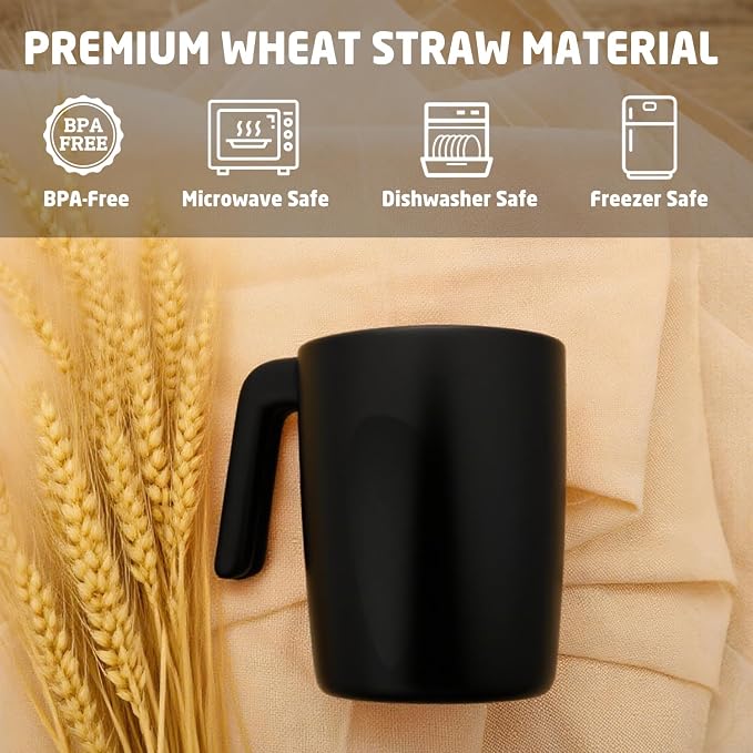 Wheat Straw Coffee Cups 16 OZ, Wheat Straw Cups with Handles, Unbreakable & Stacking Coffee Mugs Set of 6, Microwave & Dishwasher Safe Drinking Cups for Party, Camping, Kitchen - Black