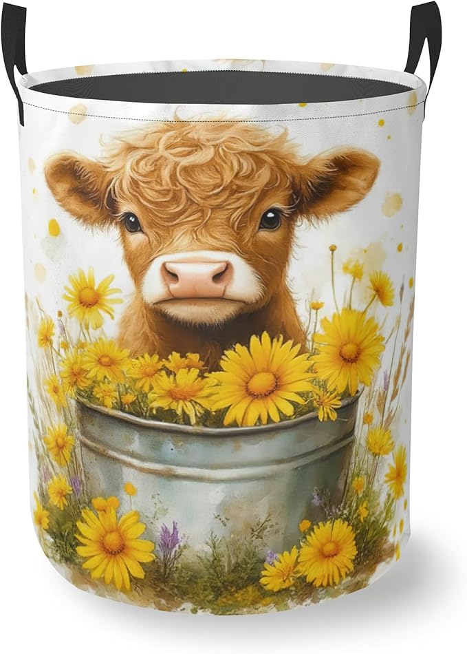 Cute Highland Cow Round Laundry Basket Collapsible Laundry Hamper with Handles Toys Clothes Organizer Bin For Home Bathroom Bedroom Dorm Nursery