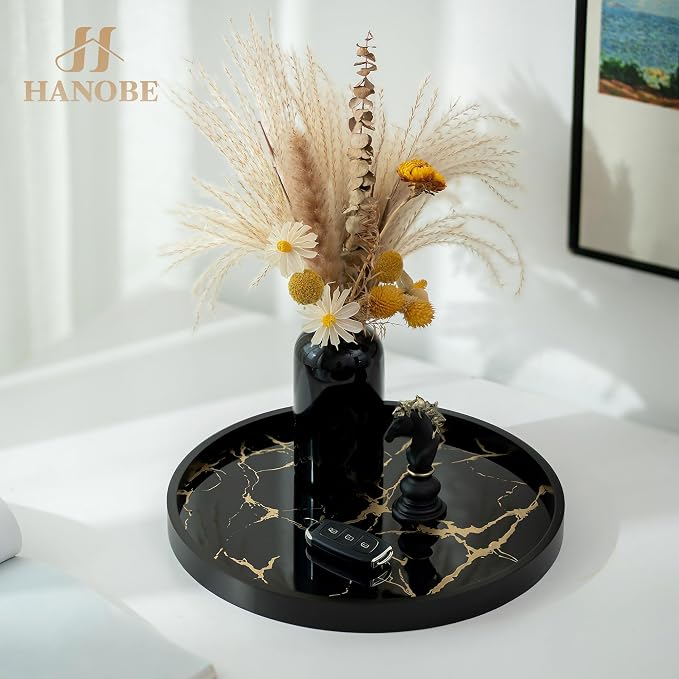 Hanobe Decorative Tray for Home Decor: Black Imitation Marble Round Serving Tray 11.8" Modern Coffee Table Centerpiece for Display Bar Table Living Room Entryway Kitchen Corner
