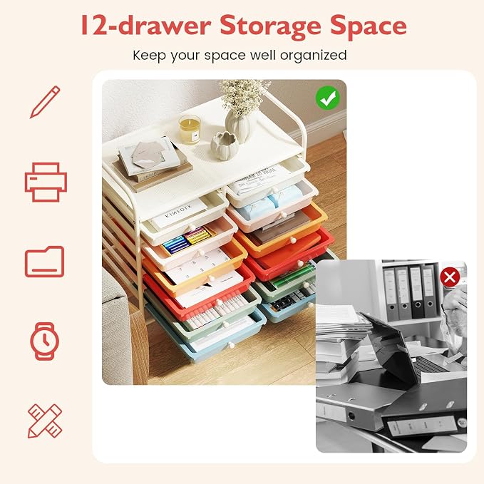 COSTWAY 12-Drawer Rolling Storage Cart, Utility Storage Organizer Cart for Tools, Scrapbook, Paper, Craft, Multipurpose Art Supply Organizer on Wheels for Home Office School, Teacher, Macaron