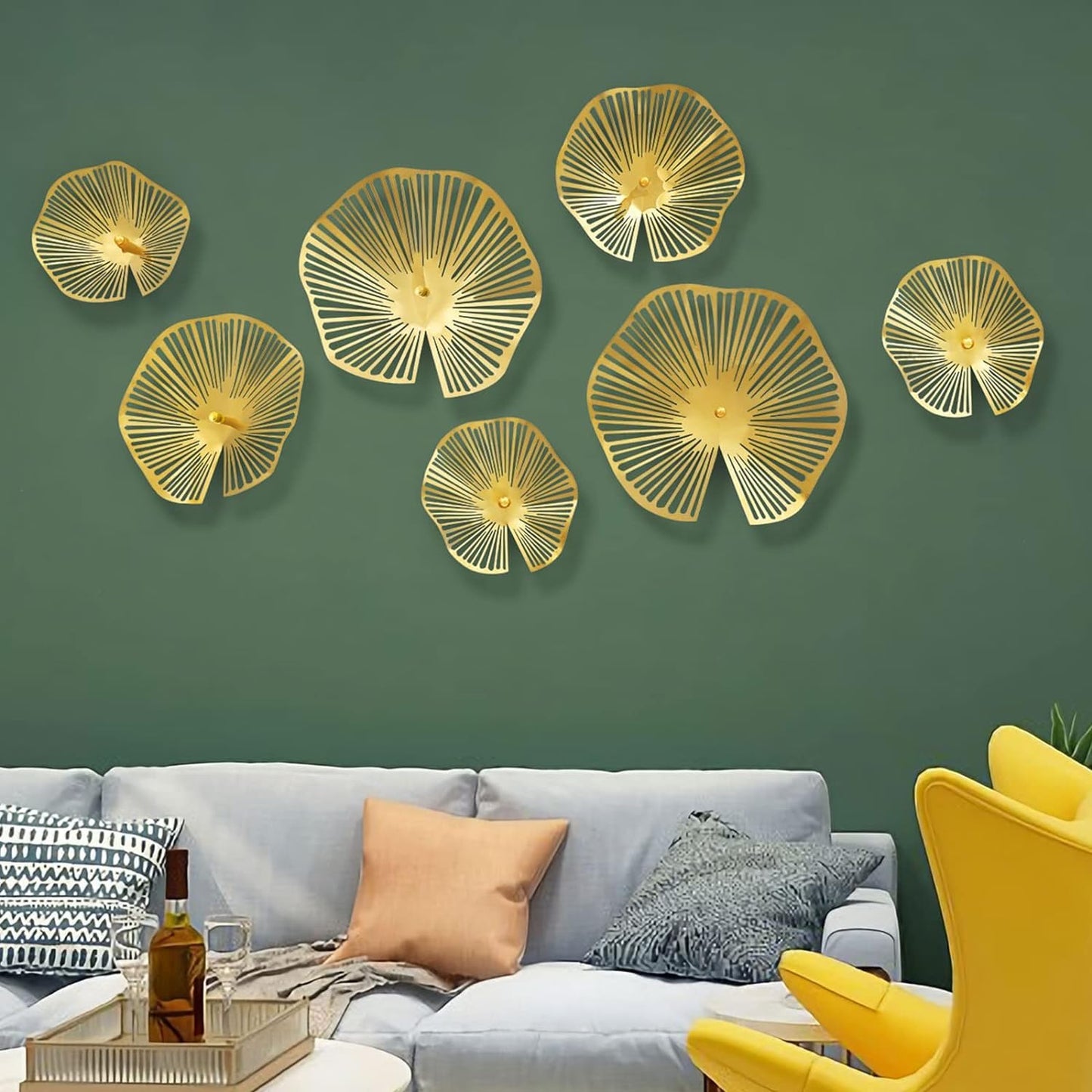 TEIPAI Gold Wall Decor Living Room, 7PCS Hollow Lotus Leaf Metal Wall Art for Apartment Bedroom Small Room Decoration, Modern Wall Hanging Sculptures for Home Office, Horizontal or Vertical Display