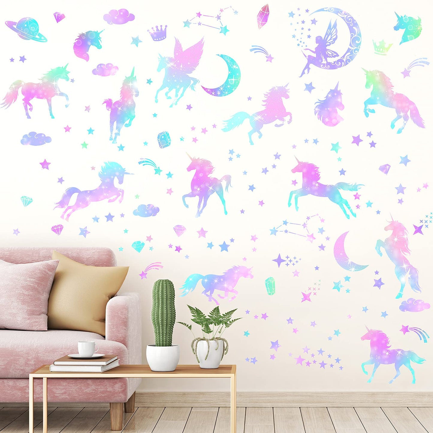4 Sheets of Unicorn Peel and Stick Wall Decal Glitter Unicorn and Fairy Wall Stickers Cartoon Wall Decals Removable DIY for Bedroom Playroom Living Room Decor
