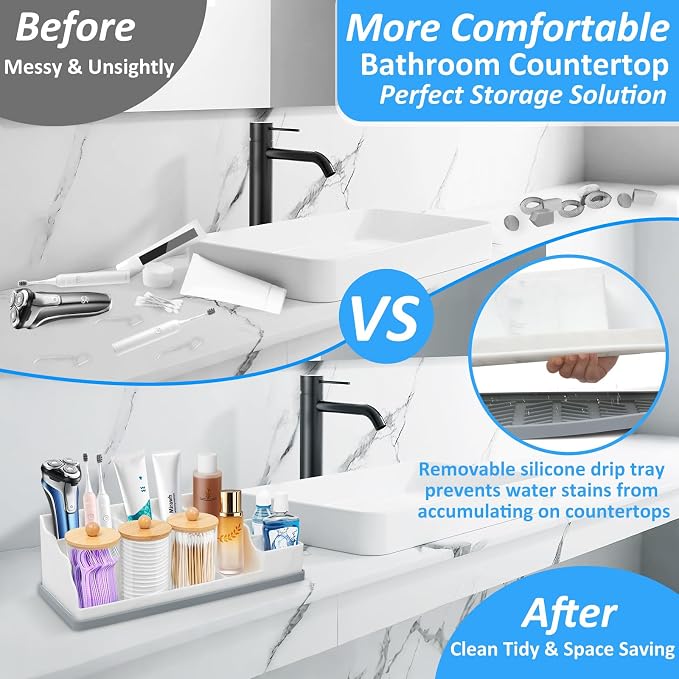 Bathroom Counter Organizer, Large White Silicone Toothbrush Holders for Bathrooms with 3PCS Qtip Holder, Bathroom Organizer Countertop Toothbrush and Toothpaste Holder for Makeup Organizer for Vanity