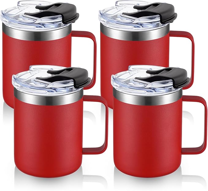 12oz Stainless Steel Insulated Coffee Mug with Handle, Double Wall Vacuum Tumbler Cup with Fliping Lid, Red, 4 Pack