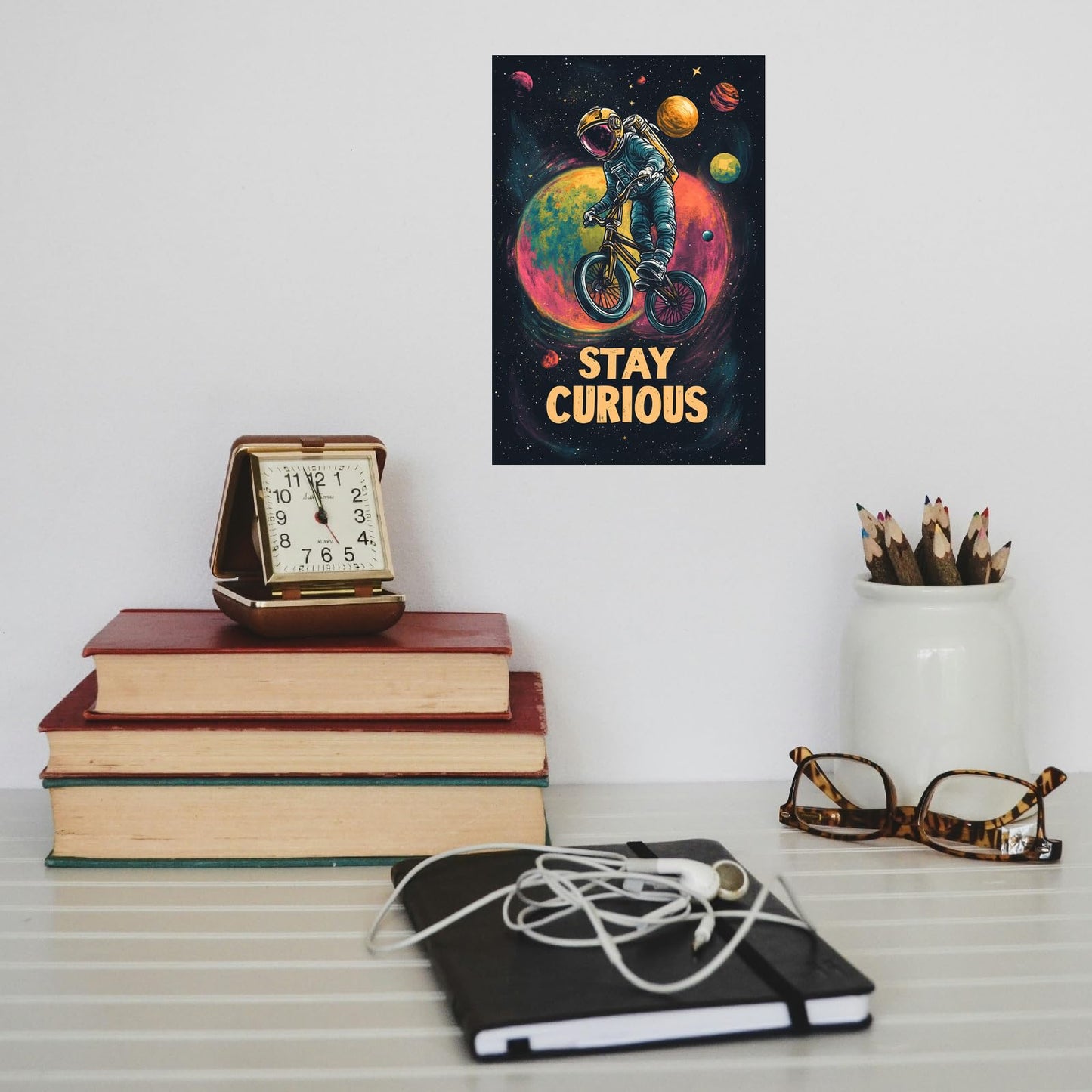 Korrazi Astronauts-Signs Outer-Space Metal-Arts Universe-Poster, Stay Curious, Space Planet Positive Wall Decor Plaque for Boys Kids Nursery, Game room 8 X 12 Inches