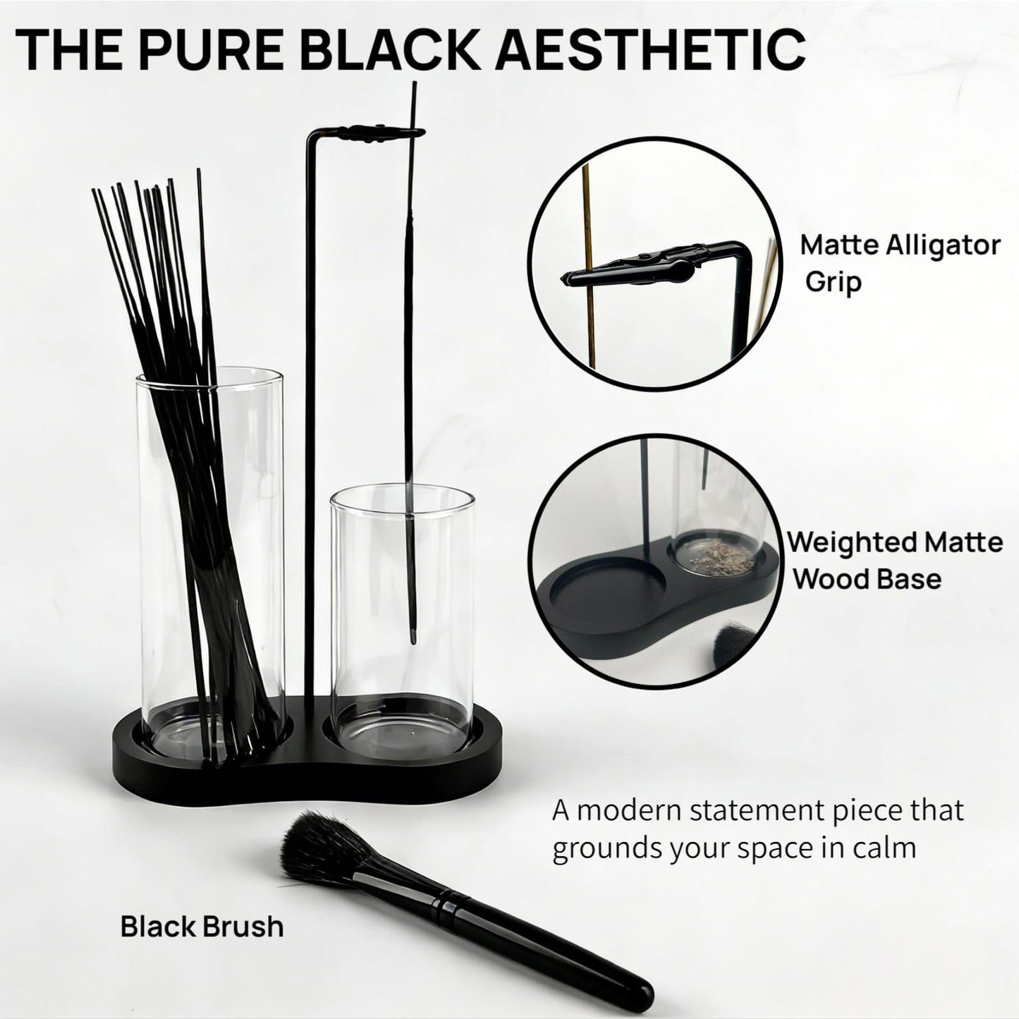 2 in 1 Black Incense Holder for Sticks with Glass Ash Catcher, Anti-Ash Incense Burner for Yoga Meditation Spa, Sleek Minimalist Decor & Incense Holder for Men, Includes Ash Brush
