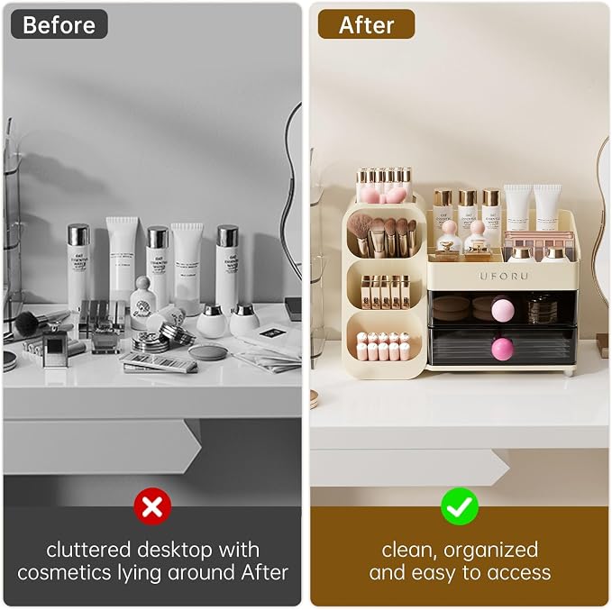 UFORU Makeup Organizer for Vanity with Brush Holder, Large Capacity Bathroom Countertop Skincare Organizer with 2 Drawers, Cosmetic Display Case for Perfumes, Eyeshadow Palettes, Nail Polishes