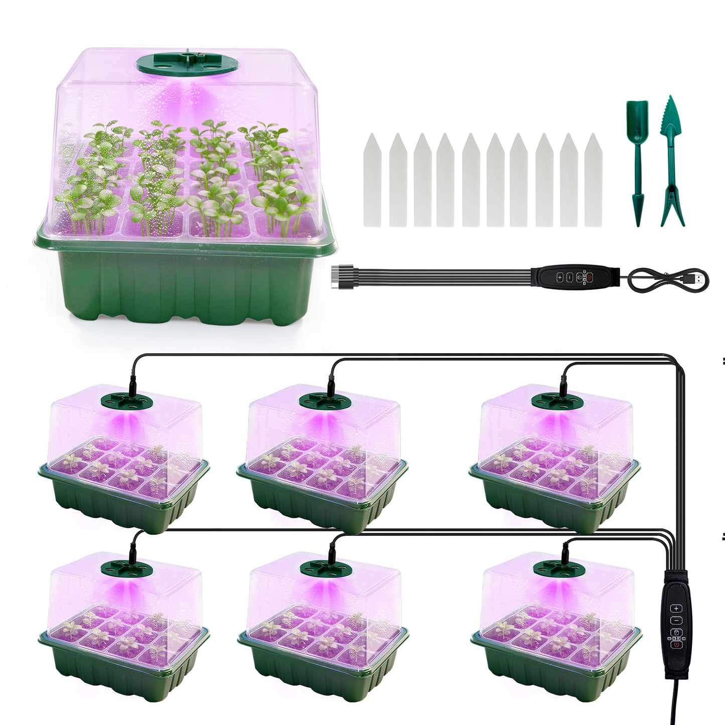 Bhyhok 6 Pack Seed Starter Kit with Grow Light 72 Cells Plant Starter Trays with 3.9 Inch Adjustable Humidity Dome Reusable Indoor Plant Germination Tray for Gardening
