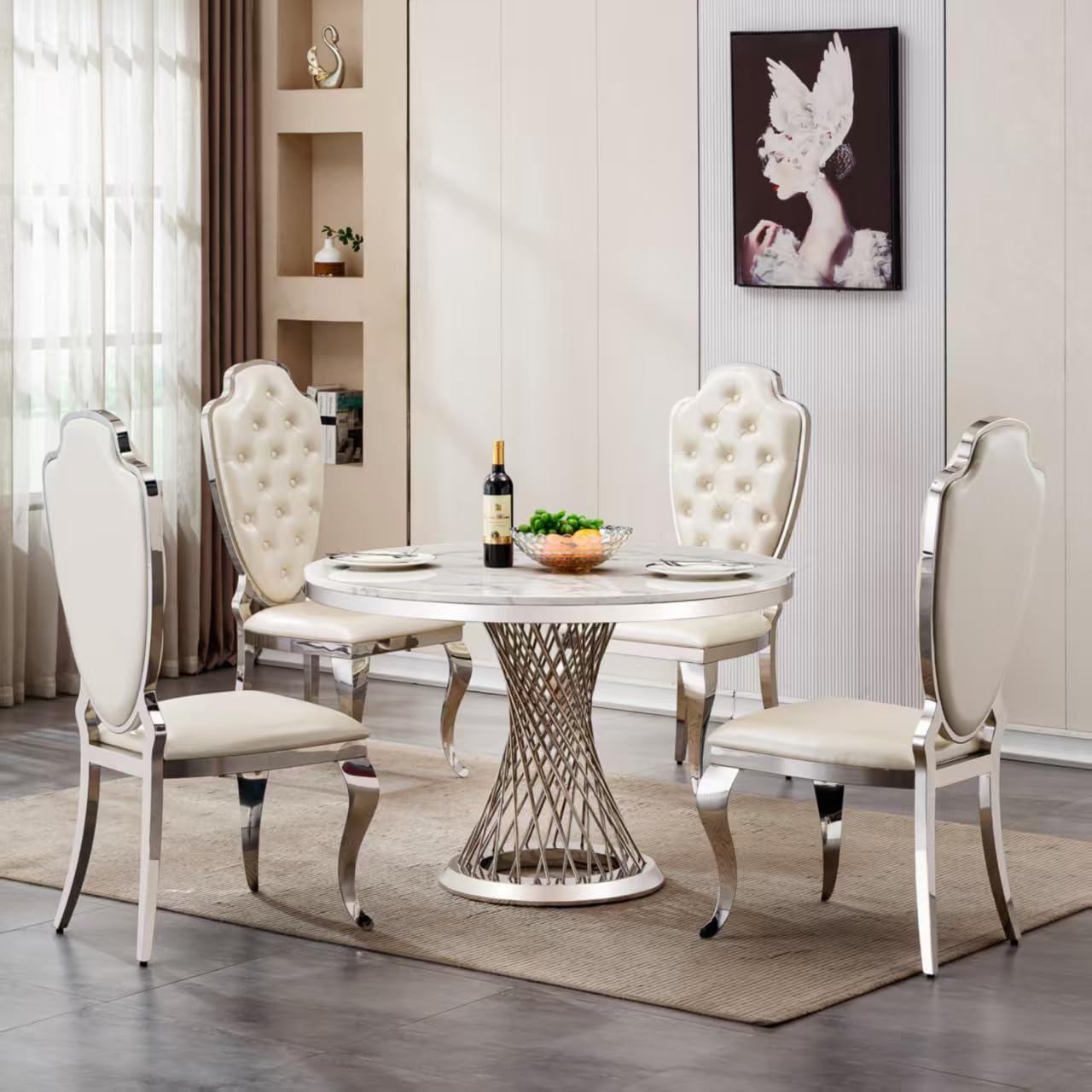 GlyphForm 47" Round Faux Marble Dining Table for 4 to 6, Luxury Modern White Kitchen Table with Silver Stainless Steel Spiral Base Frame,easy to clean Heavy Duty Dining Room Table for Home Office,MDF