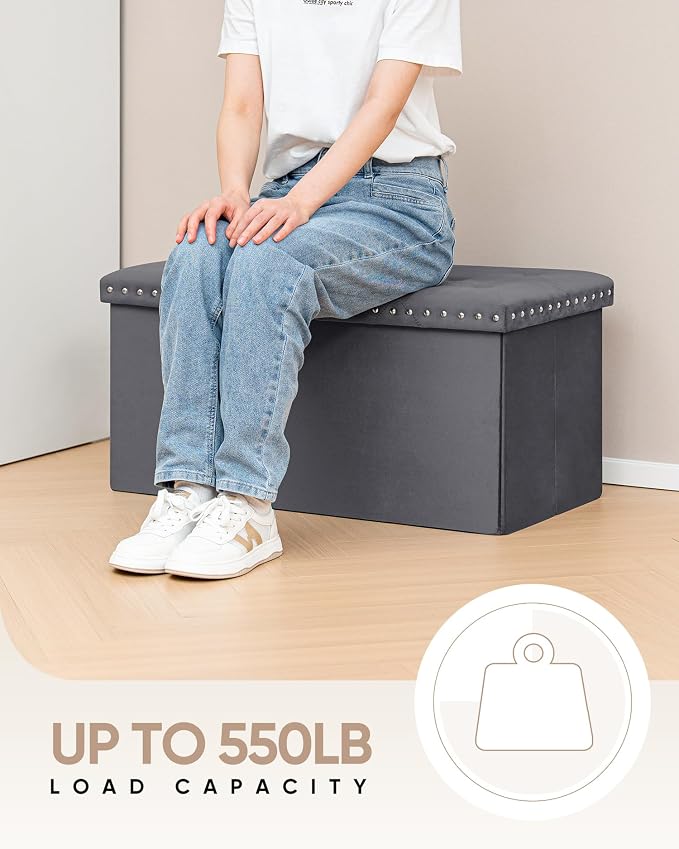 B FSOBEIIALEO Storage Ottoman Cube Folding Tufted Ottomanse, Storage Boxes Footrest for Bedroom, Luxury Velvet Fabric 30 * 15 * 15 Inches Grey