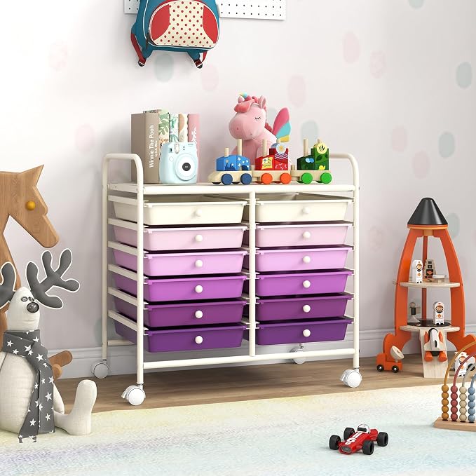 COSTWAY 12-Drawer Rolling Storage Cart, Utility Storage Organizer Cart for Tools, Scrapbook, Paper, Craft, Multipurpose Art Supply Organizer on Wheels for Home Office School, Teacher, Purple Gradient