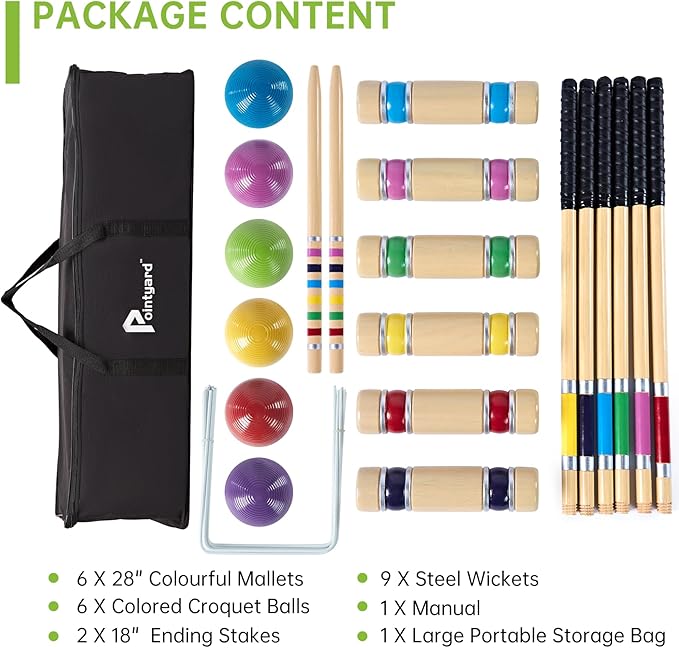 Pointyard 28" Croquet Set for 6 Players - Premium Wooden Mallets, Colored Balls & Carry Bag - Fun Games for Adults/Families/Kids at Backyard, Beach, Easy Setup in 1 Min,Anti-Slip Handle