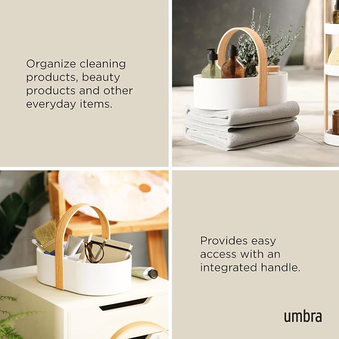 Umbra Bellwood Caddy, Organizer Bin for Makeup and Cosmetics, Durable Lightweight Container with Wooden Handle and Removable Dividers, Small, White/Natural