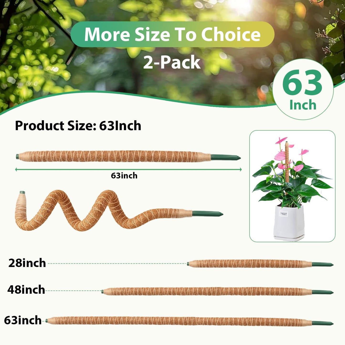Growvy 2 Pack Bendable Moss Pole, 63" DIY Shape Monstera Plant Support for Climbing Indoor Plants, Coco Coir Plant Support Stake for Monstera, Pothos, Philodendron & Indoor Potted Vines