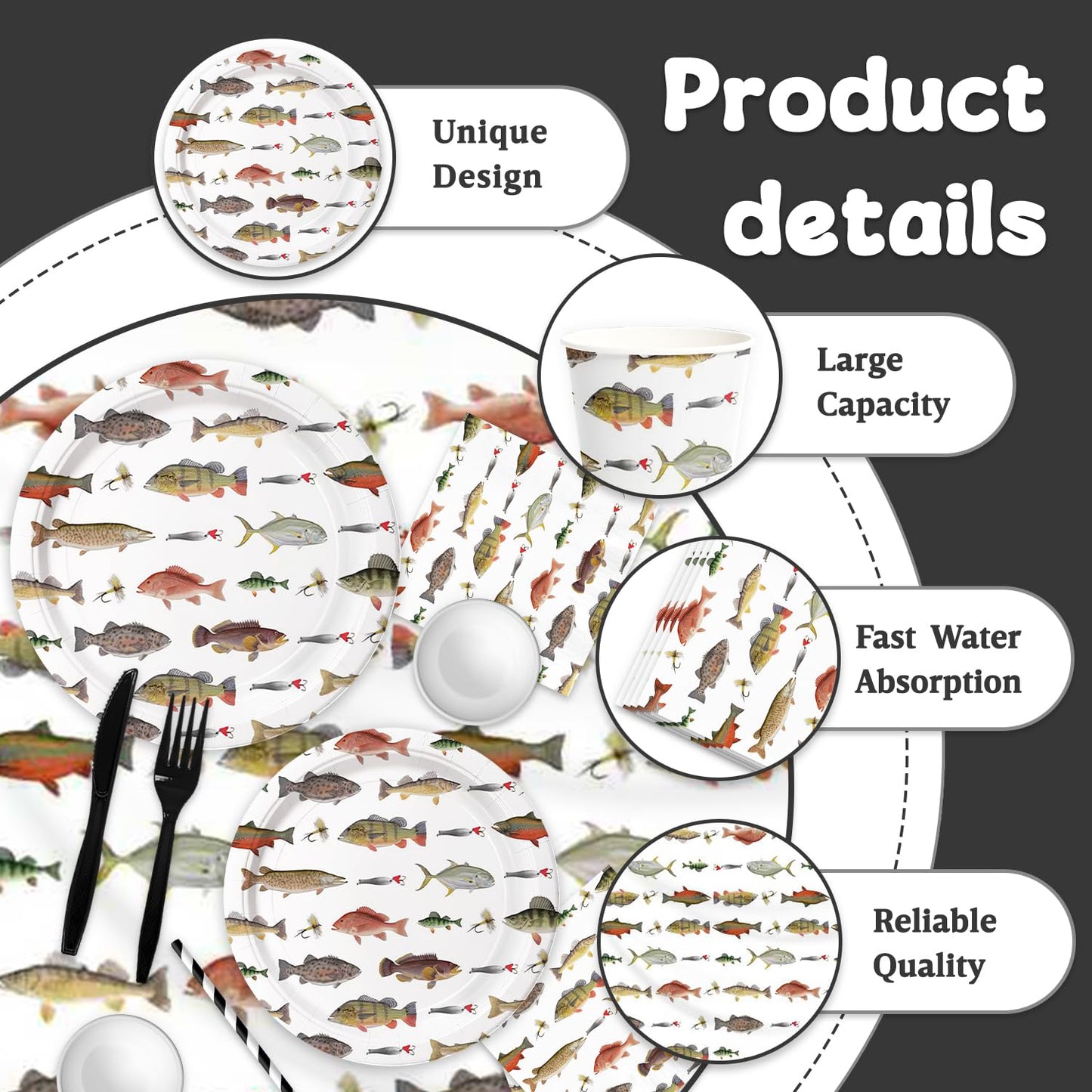 141Pcs Fishing Happy Birthday Party Decorations Fishman Birthday Plates and Napkins Forks Cups Cutlery Tablecloch Supplies Serve 20 Fishing Themed Party Tableware Set Decorations for Baby Shower Decor