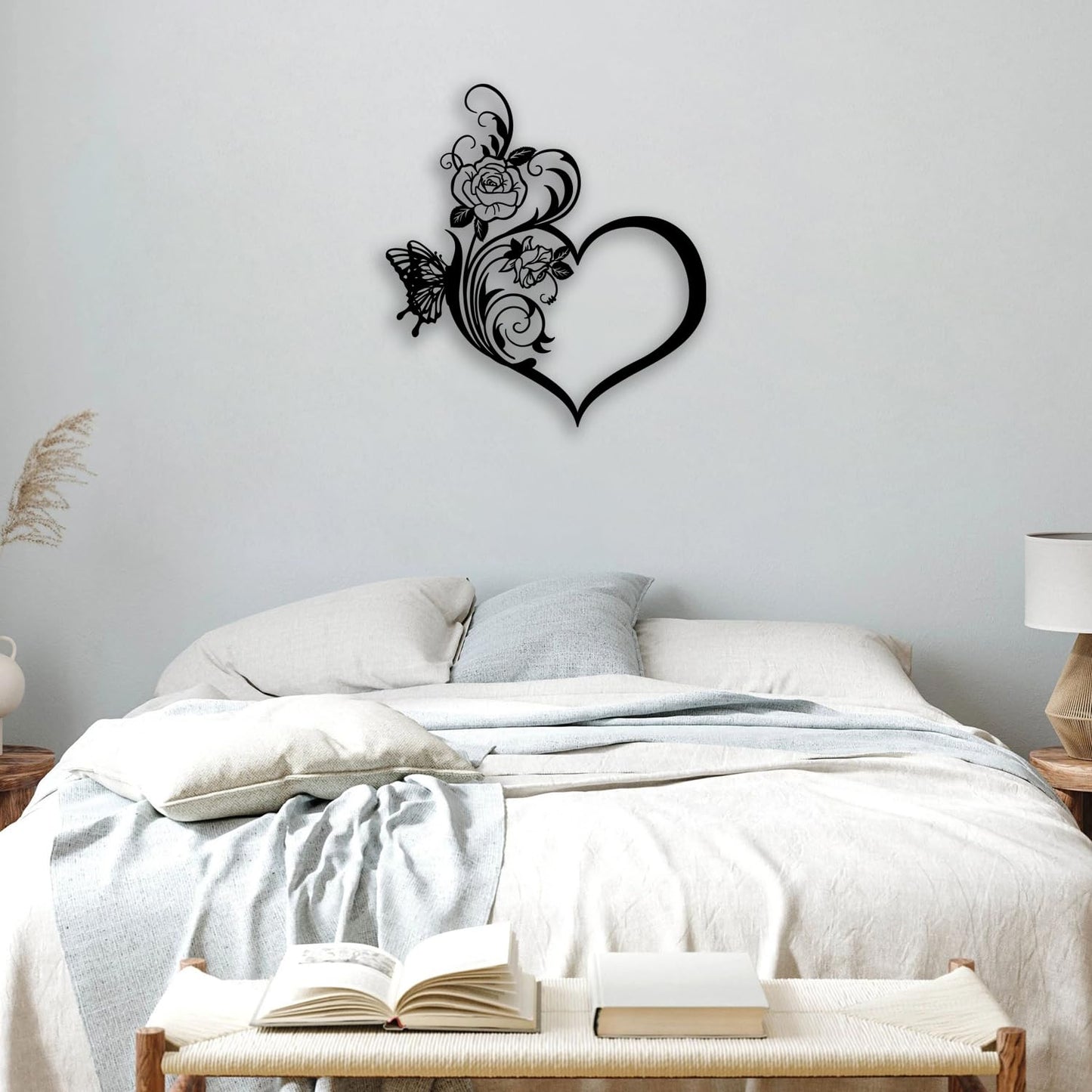 Love Heart Rose Butterfly Metal Wall Decor - Elegant Room Decor Wall Art Home Decor for Living Room, Bedroom, Dining Room, Bathroom, Office (Black)