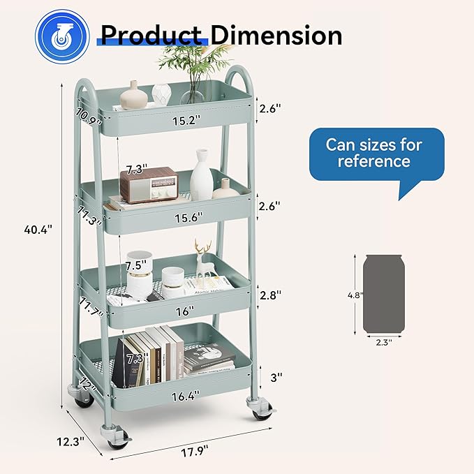 OLIXIS Metal 4 Tiers Utility Rolling Cart, Mobile Storage Shelf with Lockable Caster Wheels, Organization for Livingroom, Bathroom, Kitchen, & Narrow Places, 4-Tier Green