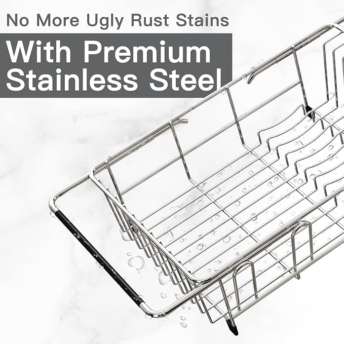 MAJALiS Dish Drying Rack Over The Sink with Utensil Holder, Drainboard | Expandable Stainless Steel Dish Drainer for Small Kitchen, Apartment, RV, Counter Space Saving, Perfect Fit, Rustproof