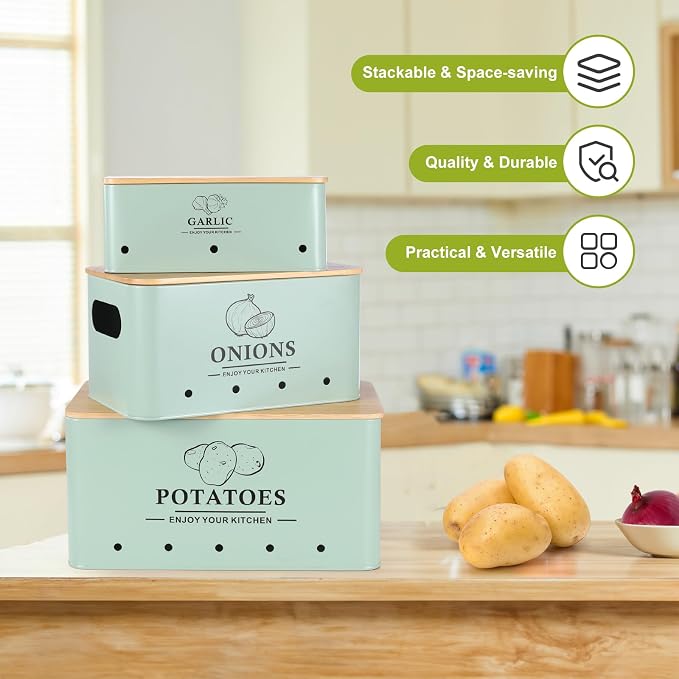 Kitchen Vegetable Storage Set of 3, Metal Onion Garlic Potato Storage Set, Kitchen Canisters Vegetable Keeper Containers with Aerating Holes and Bamboo Lid,Sage Green