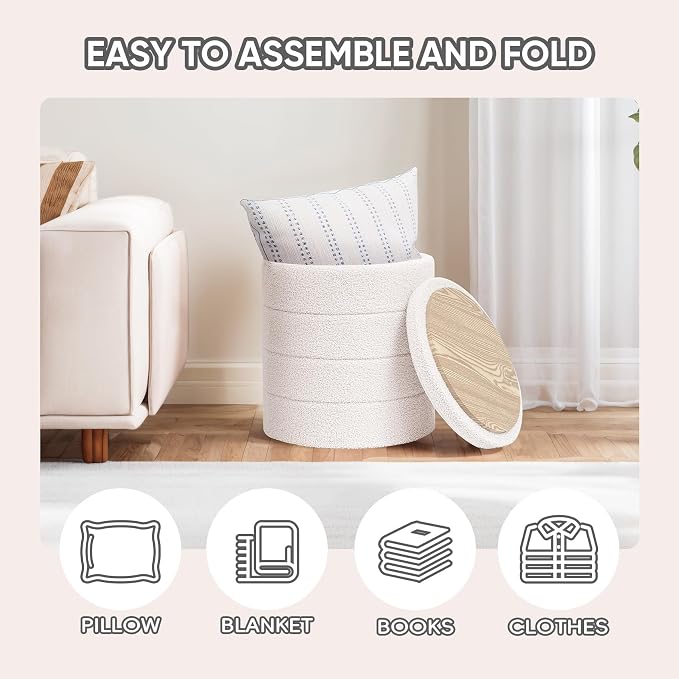 PINPLUS Round Storage Ottoman Foot Rest Stool with Tray Velvet Sherpa Folding Storage Ottoman,Boucle Foot Rest for Living Room, Bedroom, Dorm（White）