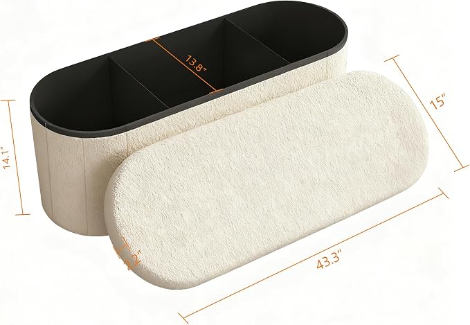 GLAXYFUR Oval Storage Ottoman Bench, Sherpa Foot Rest, 43 Inch Folding Chest for Living Room, Bedroom (Beige)