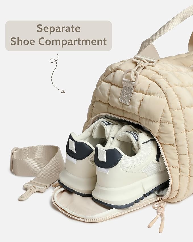 Quilted Duffel Bag for Women, Puffer Gym Duffle Bag with Shoe Compartment Lightweight Large Crossbody Sport Bag Travel Tote Beige