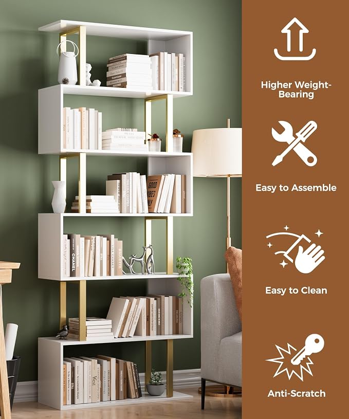 Gadroad 6-Tier Geometric Bookcase,S Shaped Bookshelf, Wood Decorative Storage Shelving, Modern Freestanding Display Shelves, Tall Book Shelf Unit for Living Room Bedroom