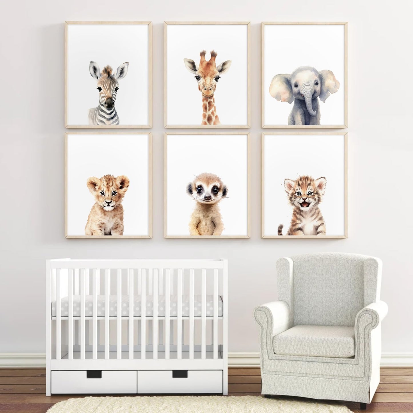 Safari Nursery Wall Art Decor Set of 6 Baby Animal Wall Art Kids Canvas Wall Art Safari Nursery Pictures Jungle Animal Prints Baby Boy Art Giraffe Painting for Room Bedroom 12x16 Inch Unframed