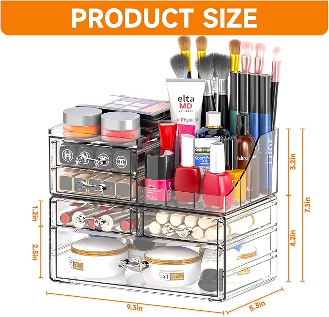 Cq acrylic Clear Make up Organizers for Vanity,Skincare Organizer With 5 Drawers for Dresser,Plastic Cute Desk Accessories Organization and Bathroom Organizers Storage Case Box for Beauty,Skin Care