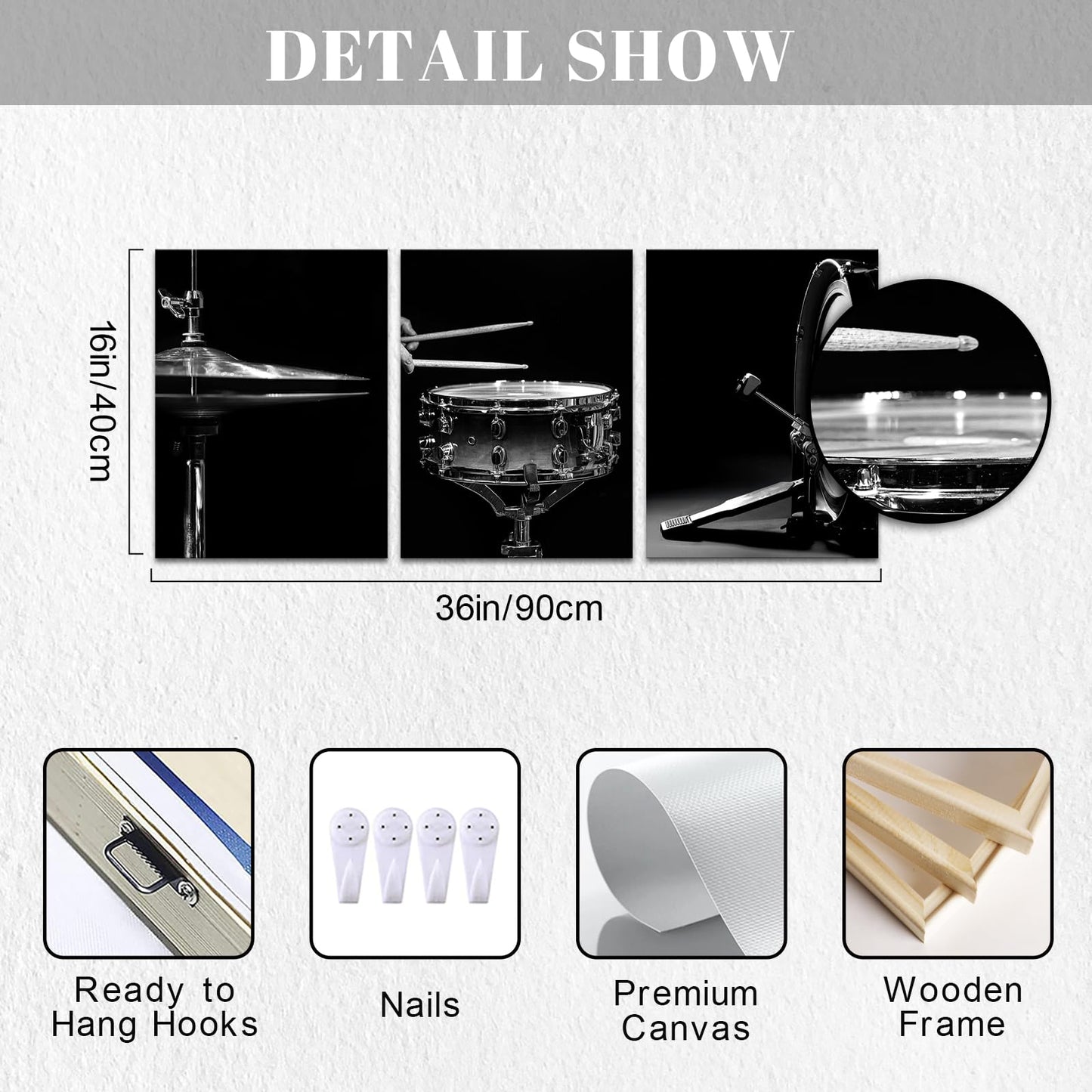 Canvbay Music Canvas Wall Art Black and White Jazz Drum Kit Print Poster Musical Instrument Pictures Modern Home Decor for Rock Studio Music Room 12x16inchx3Pcs