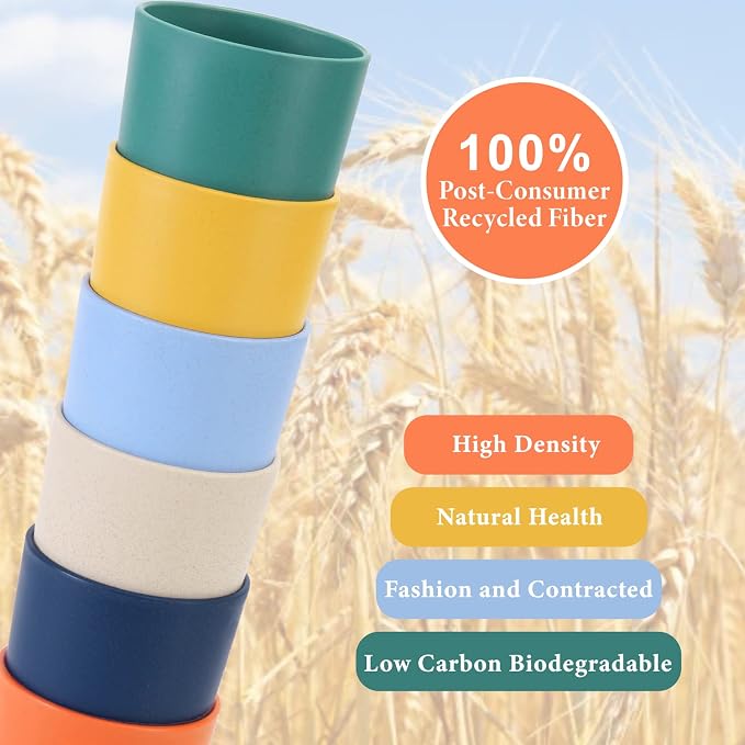 Mfacoy Wheat Straw Cups Set of 6, 20 oz Unbreakable Reusable Stackable Tumbler Water Cup Set for Kitchen, BPA Free, Dishwasher & Microwave Safe, Cups with 6 Colors