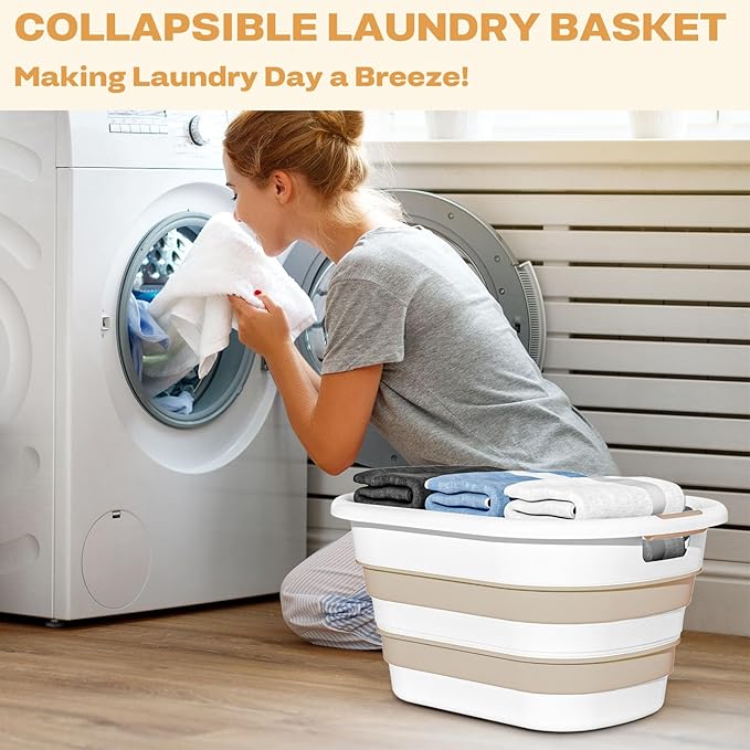 OOAMBB 43L(11.5Gallon) Collapsible Laundry Baskets plastic, Pop Up Laundry hamper/Storage Container, Foldable Laundry Basket with Large Capacity,Sturdy,Space Saver (Beige, 2 Packs)