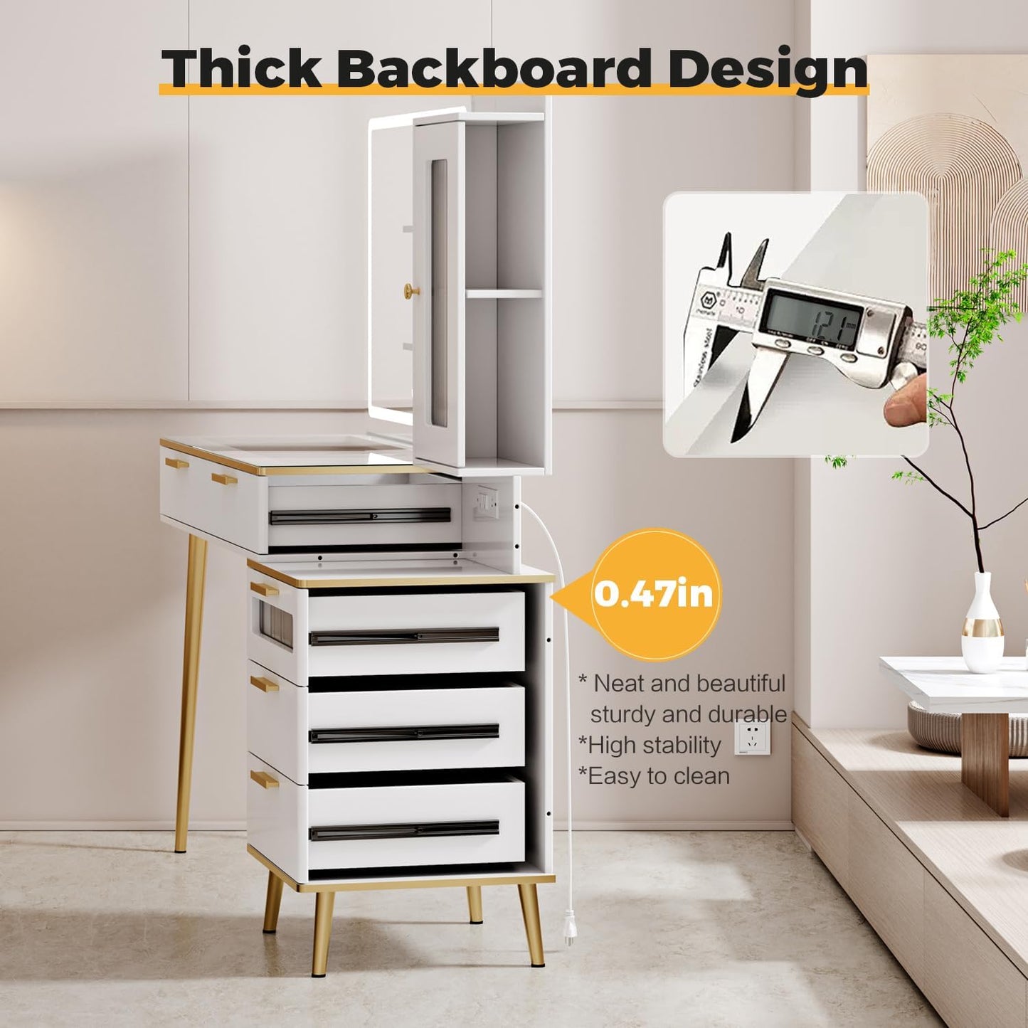Arulvmrn Vanity Desk with 29.53" HD Lighted Mirror, 47.24" Big Modern Vanity Desk with Mirror and Lights, Makeup Vanity with 5 Drawers and Storage Shelves and Charging Station, White