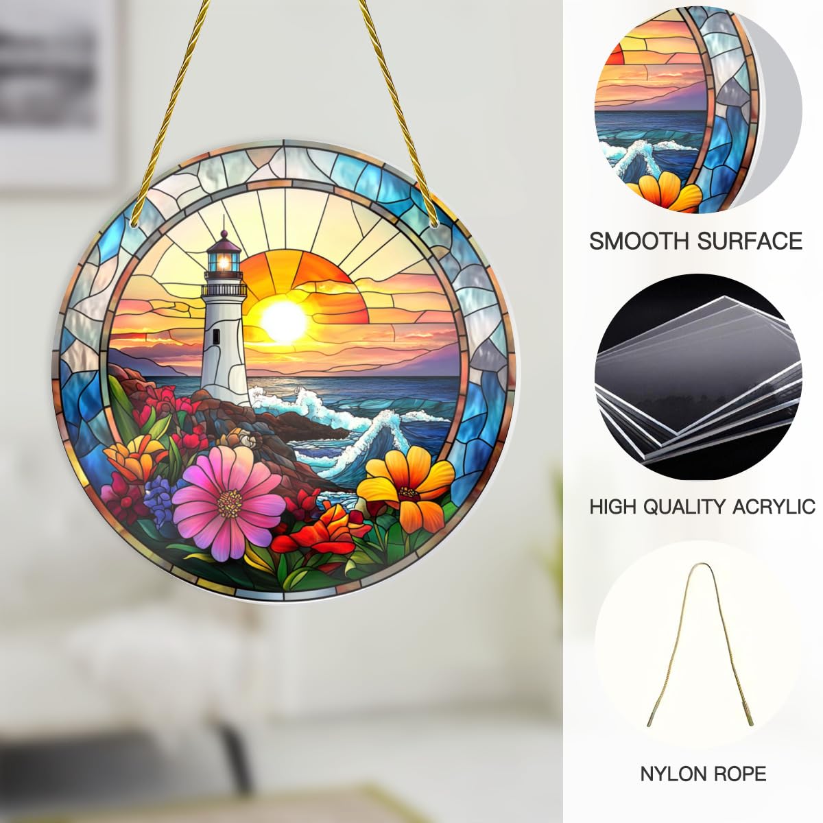 Vextrovia Gothic Lighthouse Wall Art, Stained Glass Sunrise and Floral Circular Hanging, Medieval Styles Motifs, Easy to Hang, Shatterproof Acrylic for Coastal Living Room Decor, 8x8 Inch