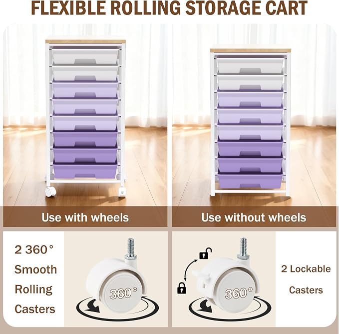 Rolling Cart with 8 Drawers, Storage Drawers Cart with Wooden Tabletop and Lockable Wheels, Craft Storage for Living Room, Office, Classroom, Craft Room, Bedroom (Purple)