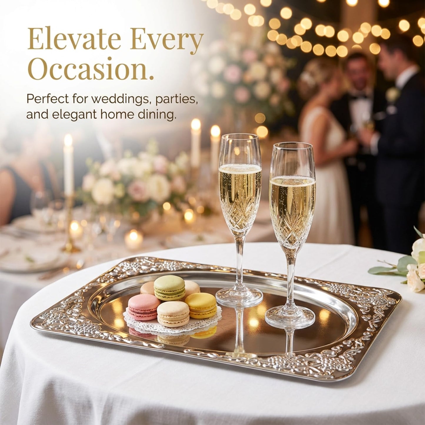 4 Pcs Silver Serving Trays Set 13.8" x 8.5" Small Stainless Steel Serving Tray Oval Floral Engraved Tray Heavy Duty Metal Serv ing Trays for Coffee Table, Bar, Party, Club, Home