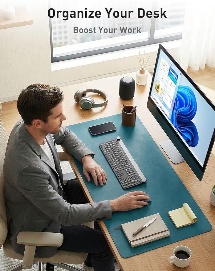 Aothia Faux Leather Desk Mat - Non-Slip PU Leather Desk Blotter, Waterproof Writing Surface, Large Desk Pad for Office & Home (Turquoise, 55" x 24")