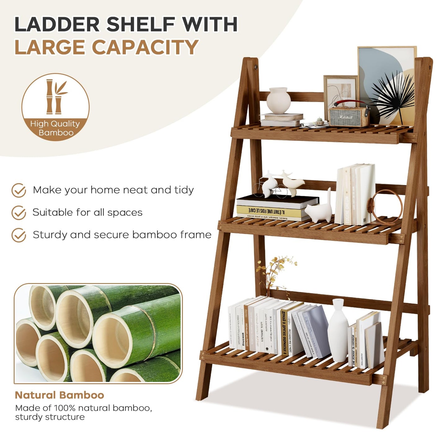 39.4" Bamboo Ladder Shelf Plant Shelf, 3 Tier Foldable Ladder Flower Pot Display Shelf Rack, 23.6"W x 15"D x 39.4"H, Freestanding Bookshelf for Garden, Balcony, Yard, Patio, Lawn, Living Room, Walnut