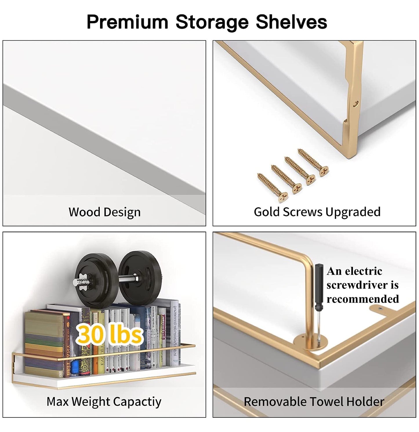 Shario White Floating Shelves - Set of 2, Wall Mounted Hanging Shelves with Golden Towel Rack, Decorative Storage Shelves for Bathroom, Kitchen, Living Room & Bedroom (White Gold, 15.7 Inches)