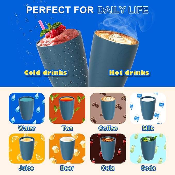 Wheat Straw Drinking Cups Set of 6, 16 OZ Unbreakable & Lightweight Plastic Cups Reusable, Dishwasher Safe Tumblers for Camping, Kitchen, RV, Party， Dark Blue