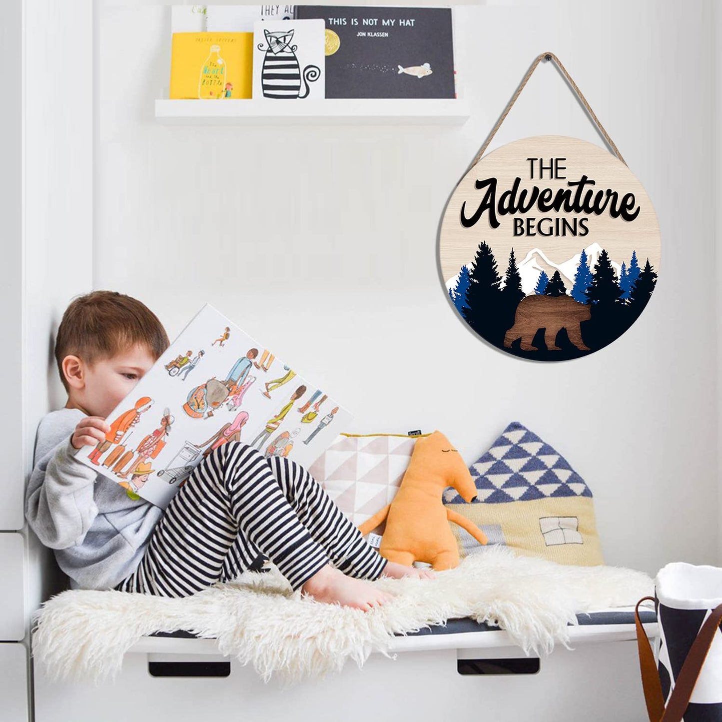 LHIUEM The Adventure Begins Wooden Hanging Sign,Woodland Wall Decor,Bear Mountain Inspirational Quotes Wooden Sign For Home Cabin Decor,Forest Camping Sign (12”X 12”)