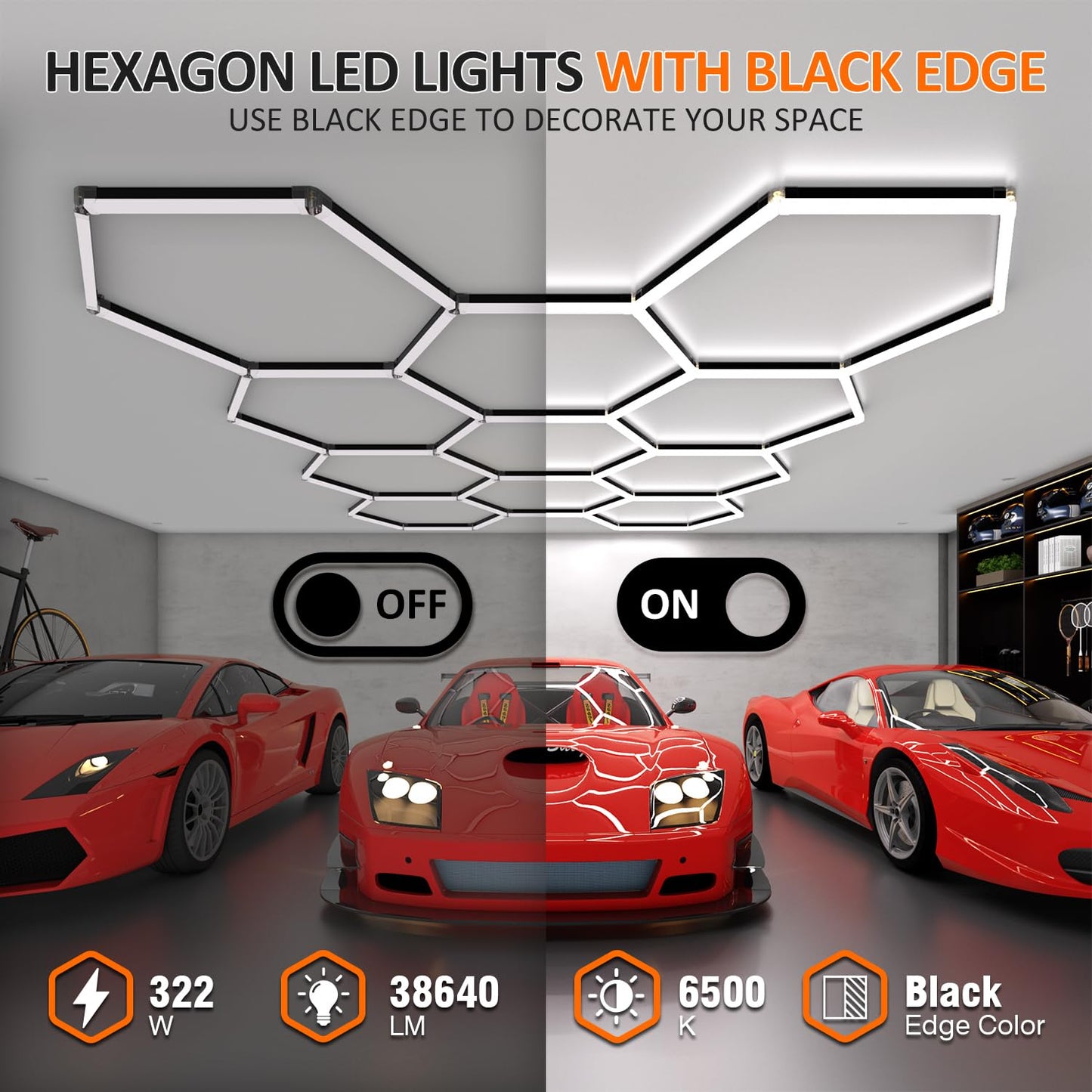 Litezone Hexagon Garage Lights 11 Hex with Black Edge, Honeycomb Led Hexagon Lights, Led Lights for Garage Basement Gym Shop Barber Exhibition