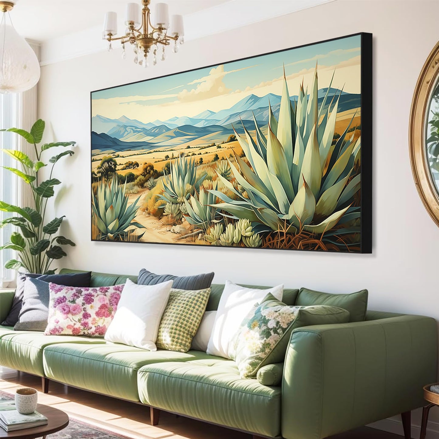 Desert Canvas Wall Art, Agave Desert Canvas Wall Art, Cactus Desert Canvas Wall Art, Desert Paintings on Canvas, Desert Wall Art, Desert Landscape Wall Art, Cactus Wall Art, Desert Southwest Decor (Gold Framed, 47"x 23"| 120x60cm )